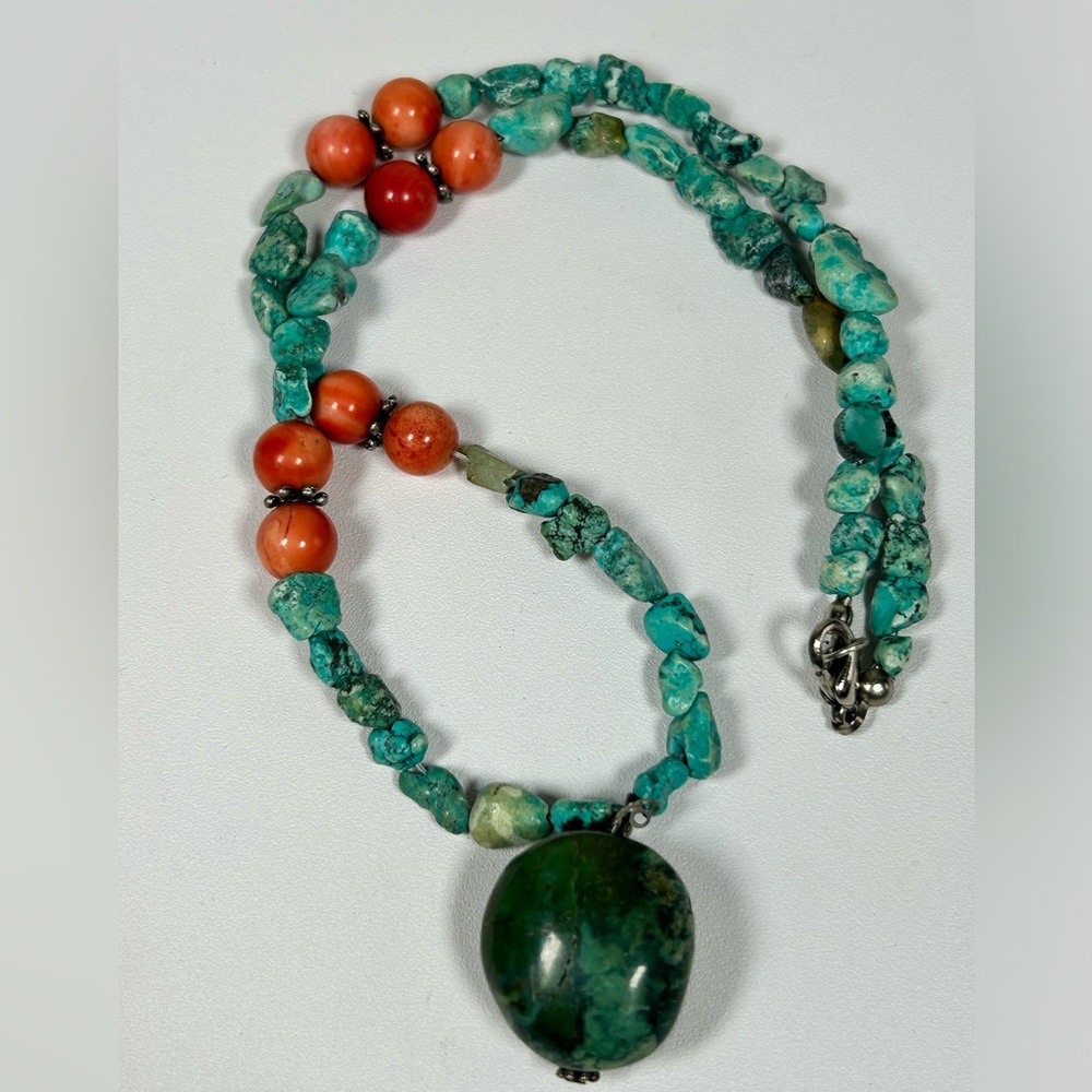 VTG Large Turquoise Pendant Coral Glass Beads Dyed Howlite Hand-crafted Necklace